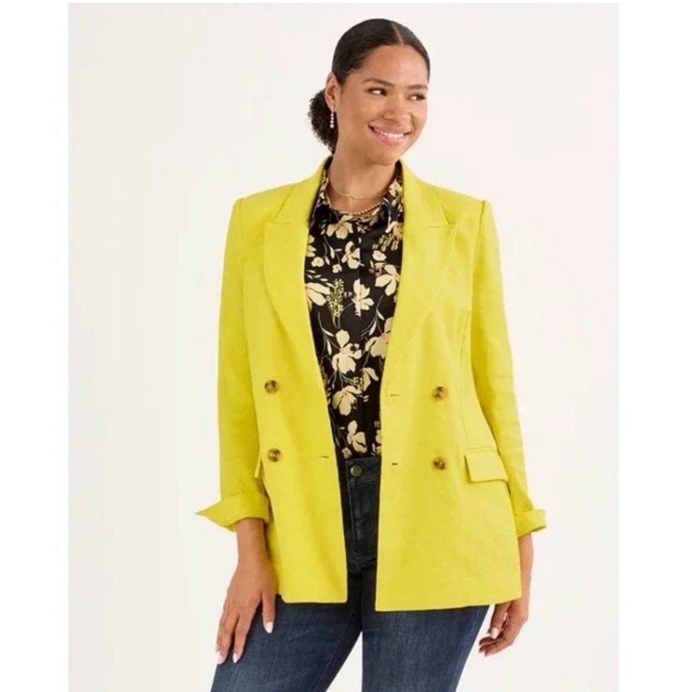 Cabi Women's Yellow glow up linen blend double breasted Blazer size large